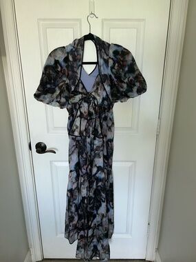Marie Oliver Sheer Floral Maxi with Tie and Puff Sleeves in Blue and Gray.